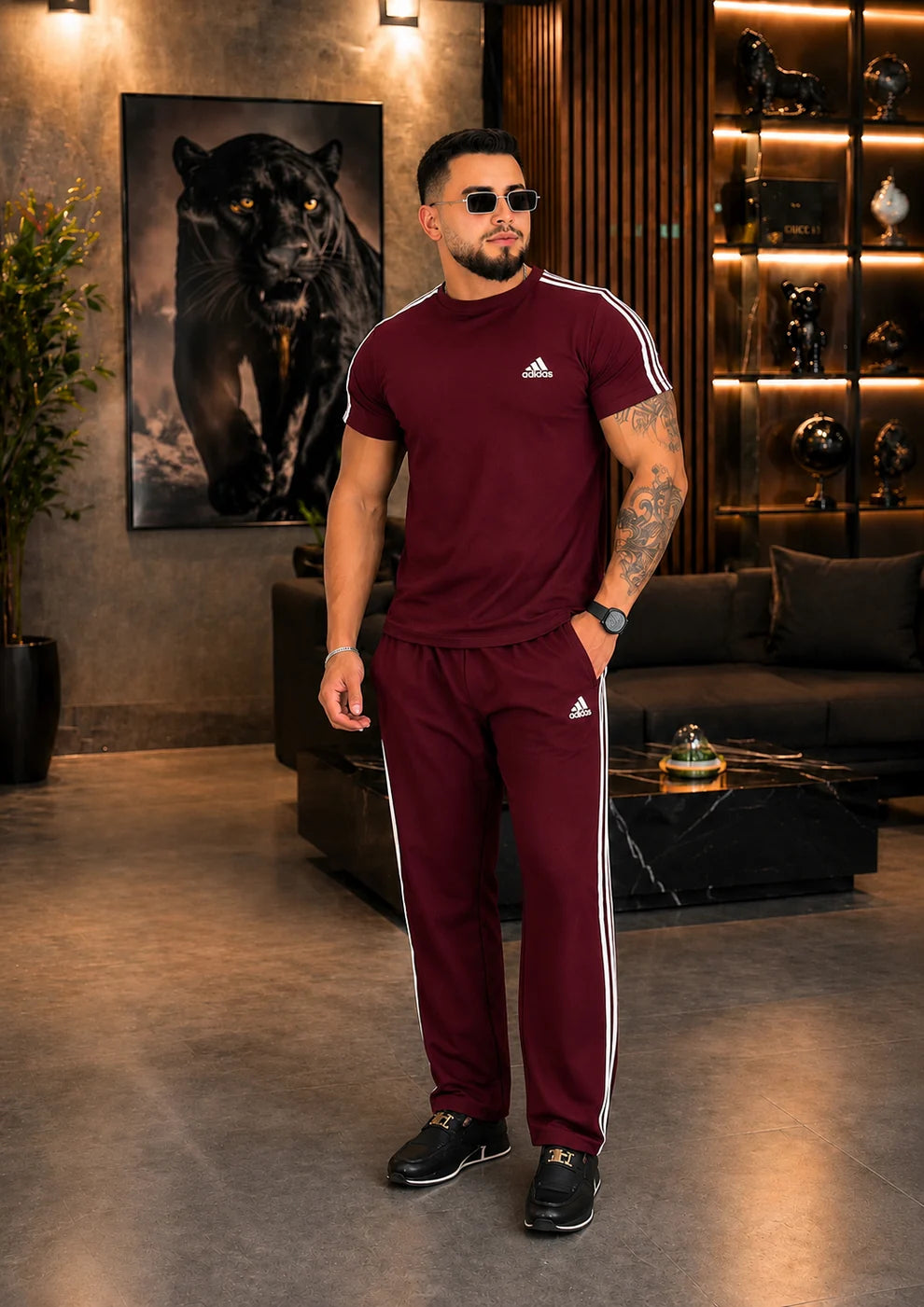 ROUND NECK MEHROON STRIPE TRACK SUIT SET