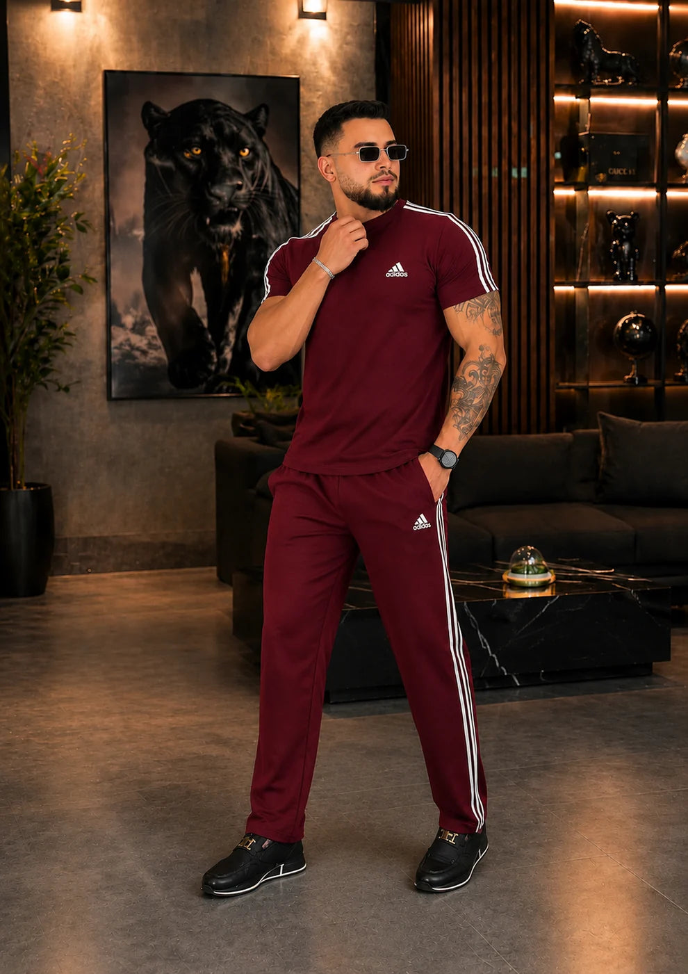 ROUND NECK MEHROON STRIPE TRACK SUIT SET