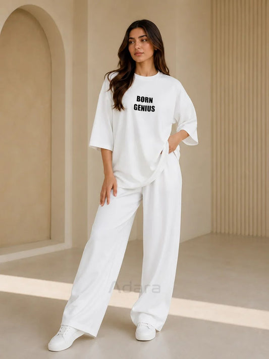 Born Genius" Premium Co-Ord Set – Oversized Tee & Wide-Leg Trouser