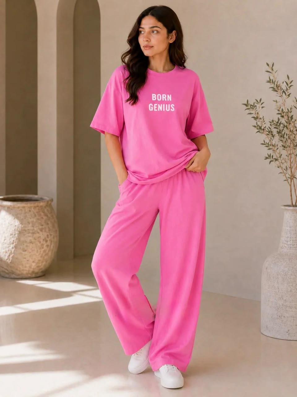 Born Genius" Premium Co-Ord Set – Oversized Tee & Wide-Leg Trouser