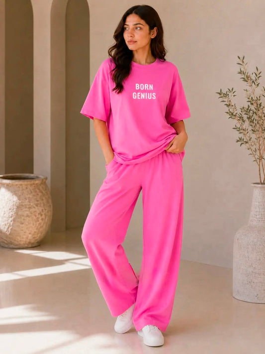 Born Genius" Premium Co-Ord Set – Oversized Tee & Wide-Leg Trouser