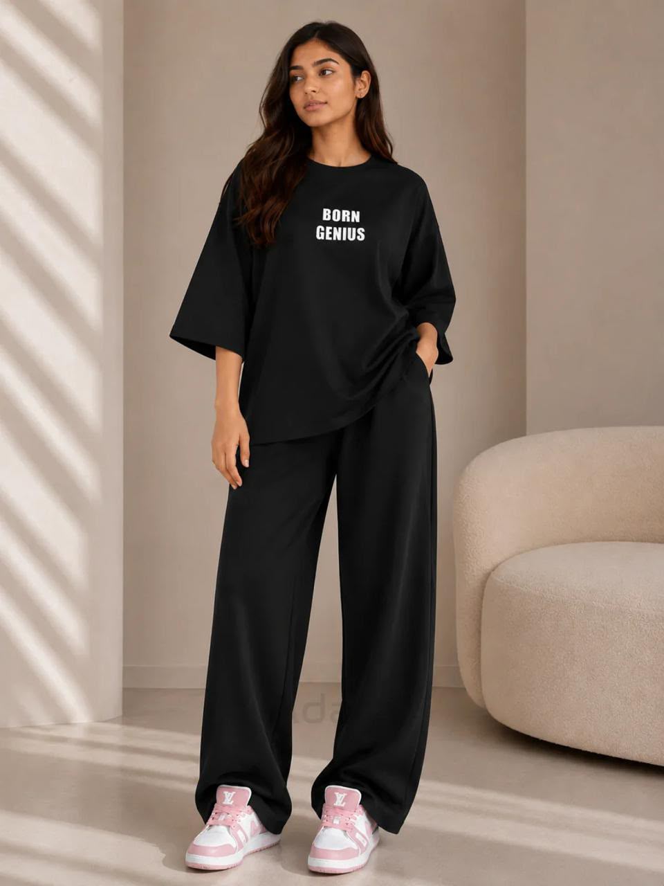 Born Genius" Premium Co-Ord Set – Oversized Tee & Wide-Leg Trouser