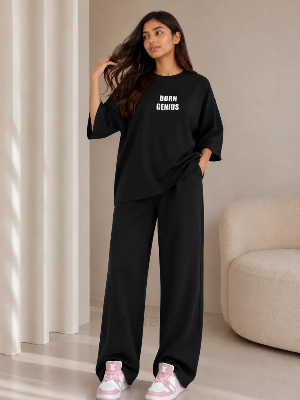 Born Genius" Premium Co-Ord Set – Oversized Tee & Wide-Leg Trouser