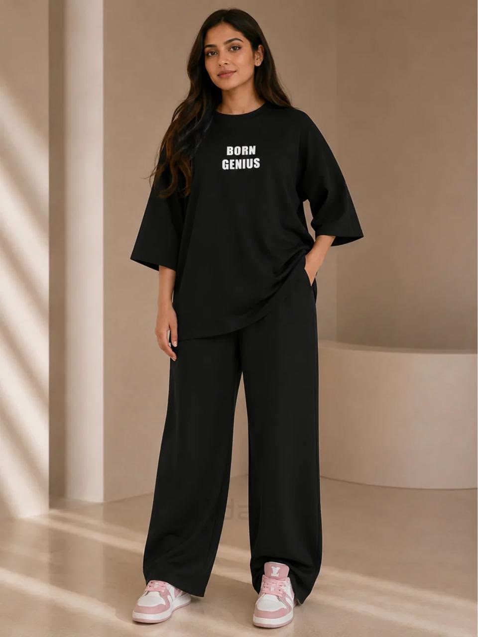 Born Genius" Premium Co-Ord Set – Oversized Tee & Wide-Leg Trouser